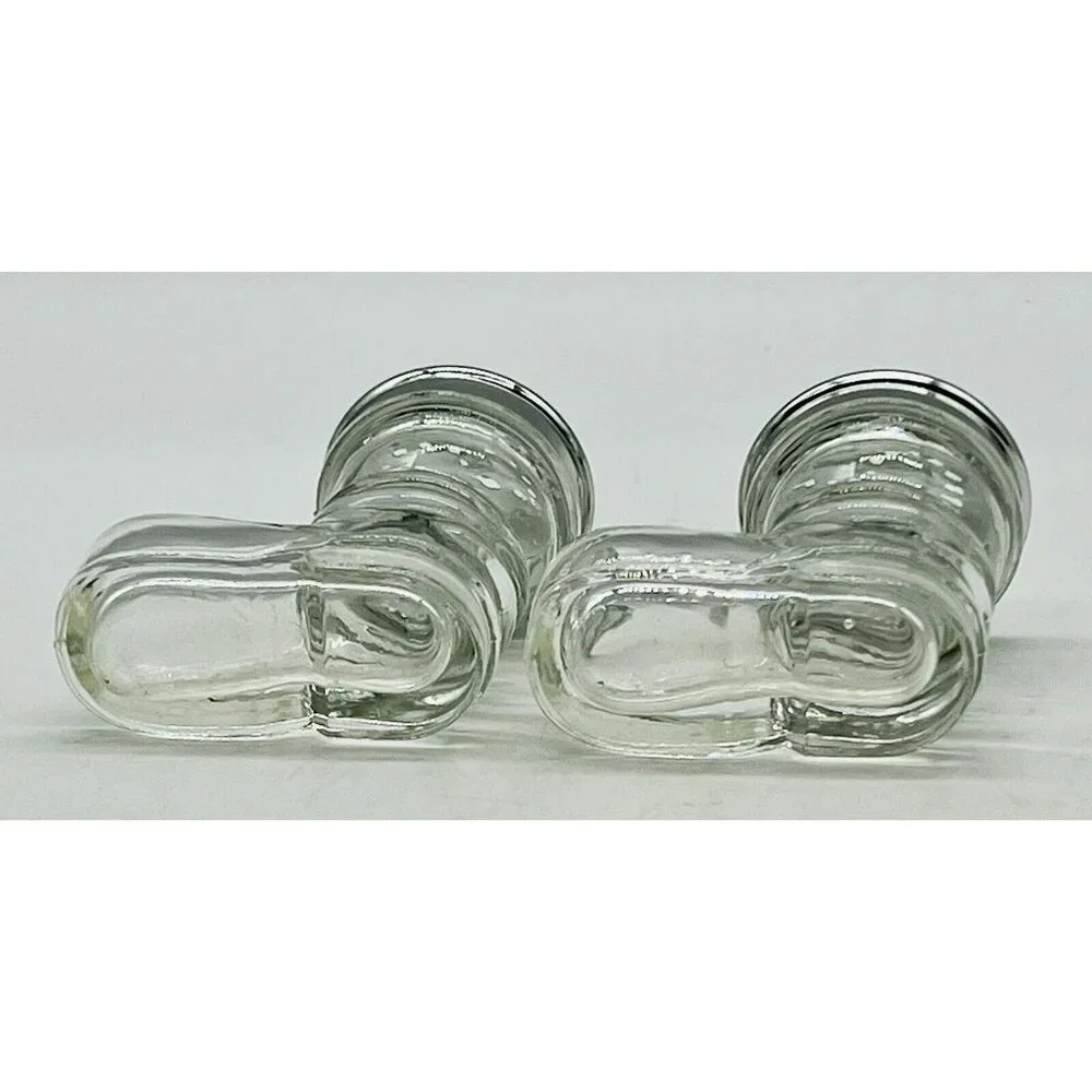 Vintage‎ Clear Glass Boots Shoes Salt Pepper Shaker Set Santa Silver Tops 2 inch